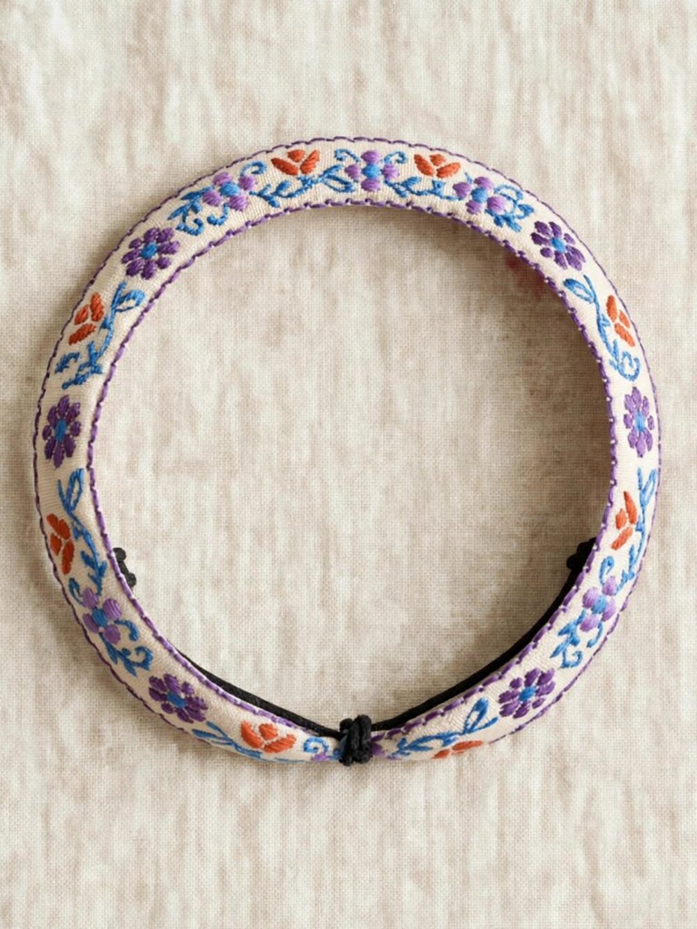 Cream Purple Floral Embroidered Bracelet — Mexican Woven